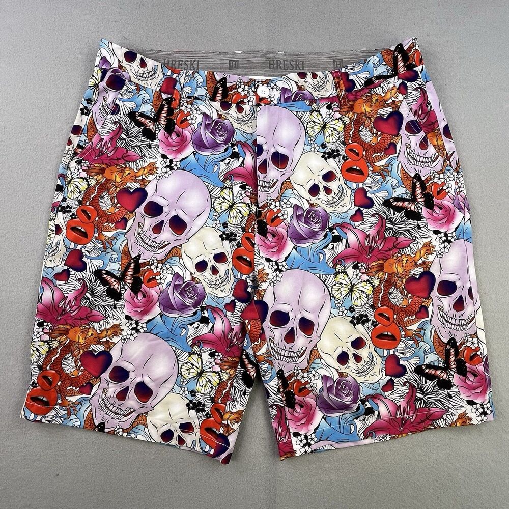 Hreski Golf Shorts Mens Size 38 Skull Rose Tattoo Print Stretch Performance